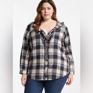 Covington Woman Plaid‎ Ruffle Blouse Grey White Size 20/22W 100% Cotton